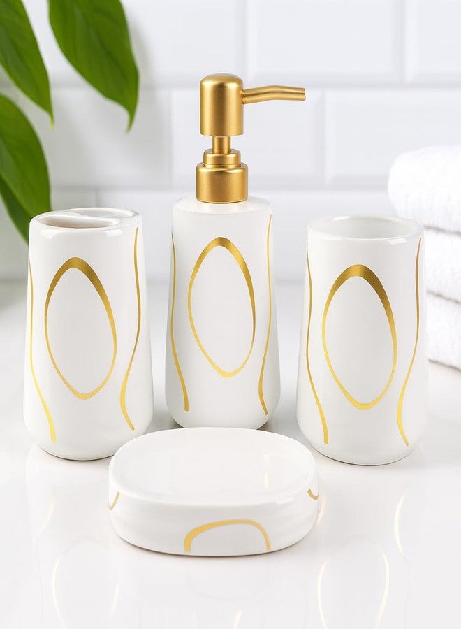 Whizzo Premium White & Gold Ceramic Bathroom Accessories Set | 4-Piece Luxury Bathroom Set with Soap Dispenser, Toothbrush Holder, Tumbler & Soap Dish for Modern Homes & Hotels (BS-802, White) - Image 1